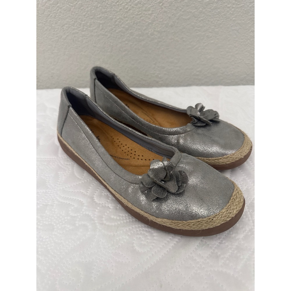 Clarks Eliana Jade Shimmer Flats Pewter Silver Slip On Comfort Shoes Size 8.5